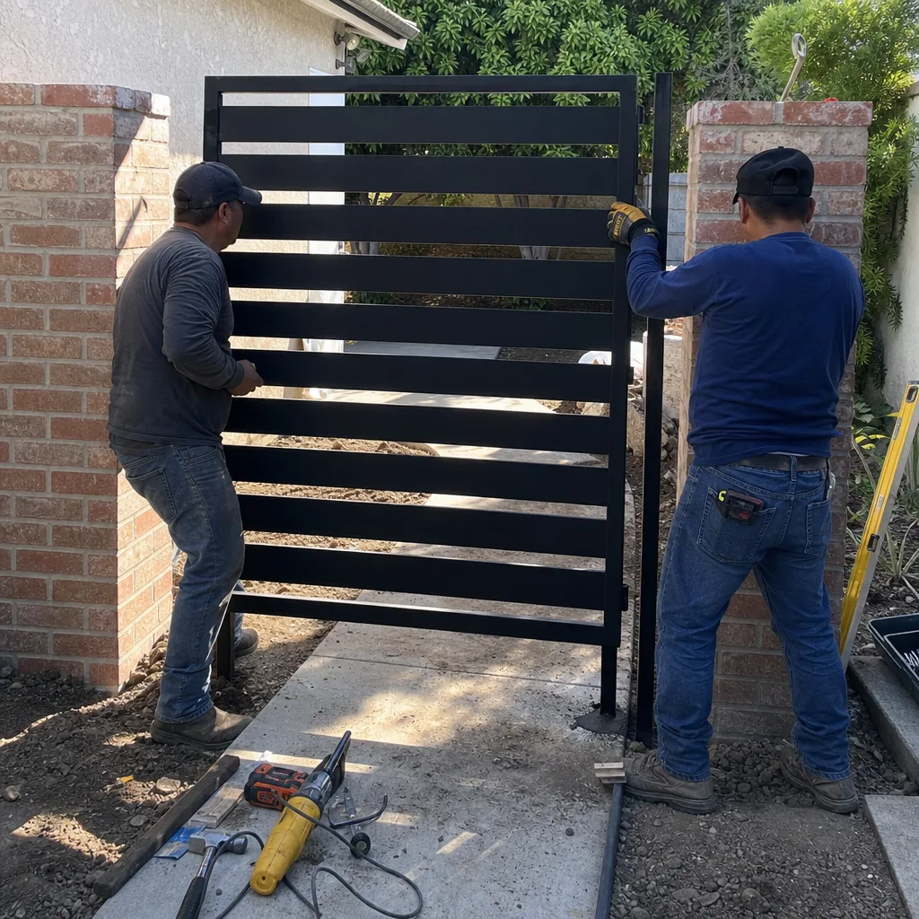 Two contractors installing a modern black metal gate between brick pillars