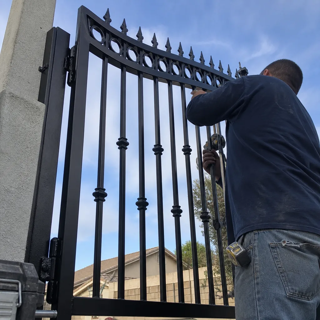 Professional contractor performing metal gate installation and repair
