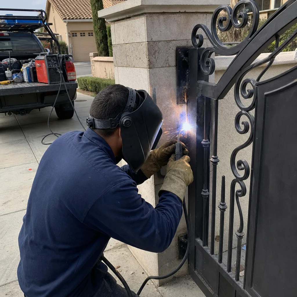 Professional welder performing a metal gate repair at a residential property